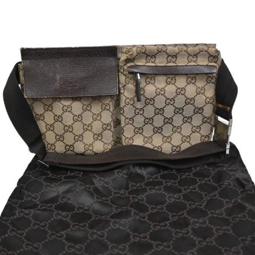 GUCCI GG Logo Double Pocket Bum Bag Canvas Leather Brown SHW Italy 65CA523